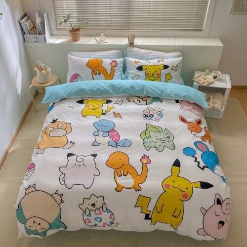 4pcs Pokemon Pikachu Kawaii Bedding Set Quilt Pillowcase Sheet Cover Cartoons 3D Digital Printing Home Queen Bedding Sets