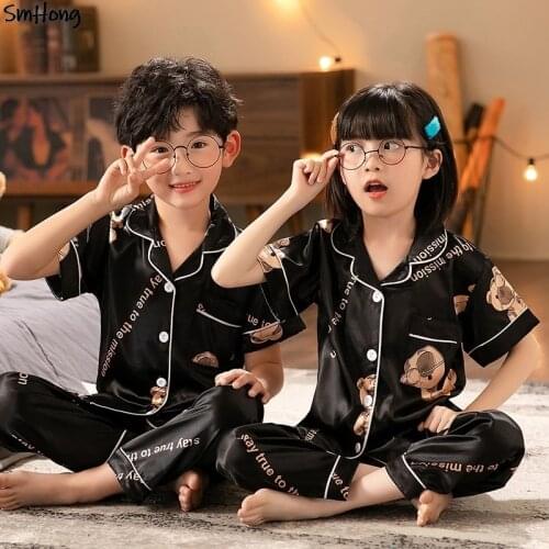Bear Pajamas Children Sleepwear 4 6 8 10 12 14 Years Teens Pajamas Kids Satin Pajamas Summer Clothing Sets Girl Sets Boy Outfits