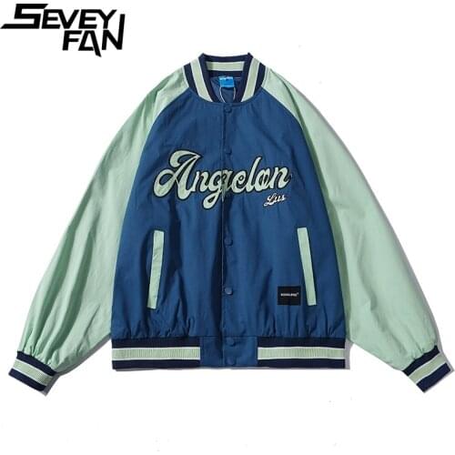 SEVEYFAN Mens Vintage Letters Embroidery Baseball Jacket Color Contrast Hip Hop Coat for Couples