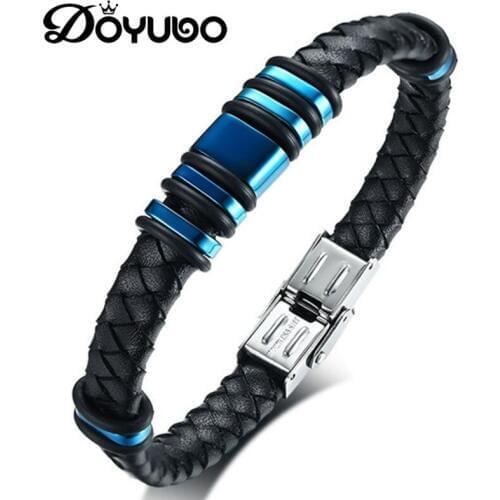 DOYUBO Brand Mens Fashion Titanium Steel Blue Leather Bracelets Male Hip Hop Trendy Genuine Leather Bangles Accessories DD080