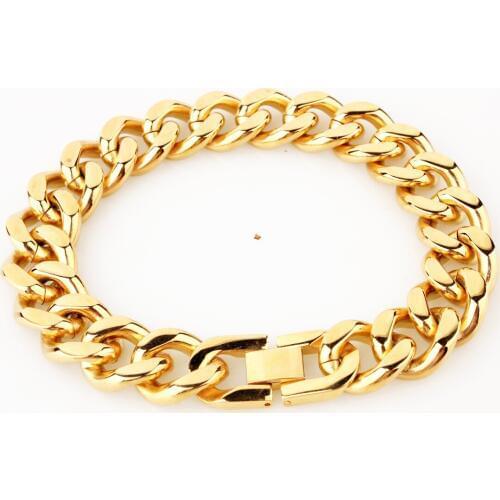 Fashion New Link Chain Gold Tone Stainless Steel Bracelet Men Heavy 12/15mm Wide Mens Bracelets Curb Chain Wristband