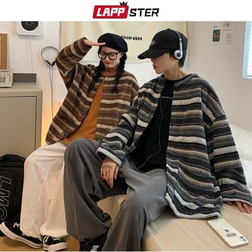 LAPPSTER Men ins ethnic knit cardigan jacket 2021 mens harajuku plaid windbreaker jakcets coats man streetwear y2k bomber jacket