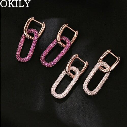 OKILY Graceful Copper Micro Pave Cubic Zircon Buckle Circle Earring Purple CZ Paper Clip Jewelry Brooches for Women Gift