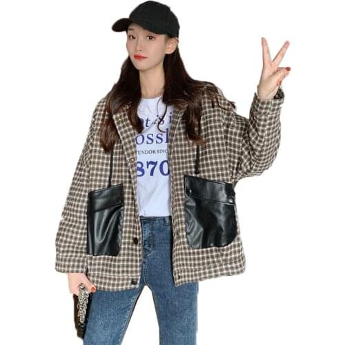 NEW 2020 Autumn Winter Womens Coat Ladies Fashion Hooded Loose Plaid Woolen Jackets PU Leather Pocket Coats Outwear Female W228