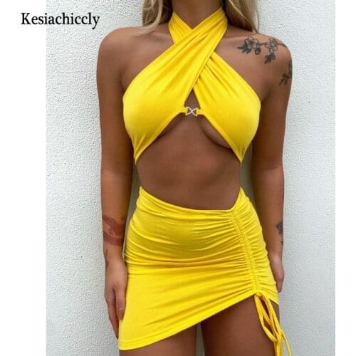 Kesiachiccly Halter Cut Out Sexy Dress Summer 2021 Spaghetti Strap Ruched Bodycon Dress Backless Two Piece Mini Club Party Dress