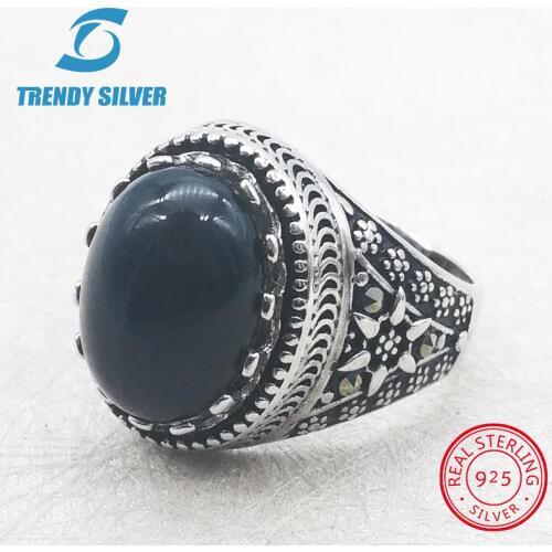 Silver 925 fine jewelry man rings men accessories turquoise gemstone natural black onyx agate wholesale TRENDY SILVER TCR404
