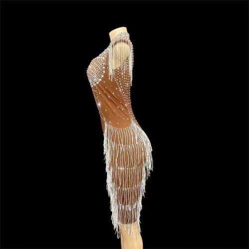 Silver Rhinestone Fringe Transparent Short Dress Birthday Celebrate Chain Shoulder Outfit Prom Dancer Show Dress