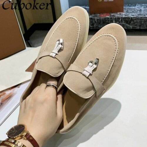Women Flat Causal Loafers High Quality Kidsuede Slip-On Ladies Mules Lock Decor Brand Designer Summer Walking Flat Shoes Woman