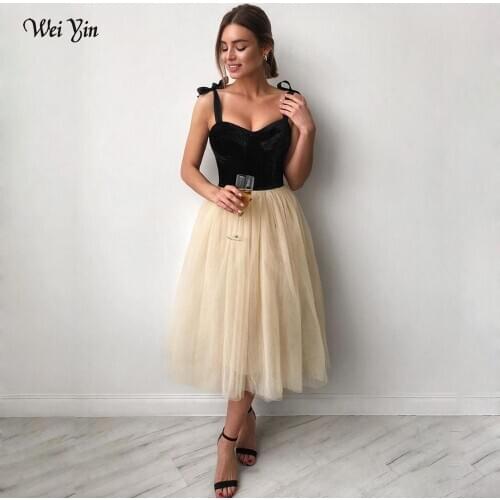 Weiyin AE0621 Tulle Spaghetti Prom Dresses A Line Velvet Top Sexy Girls Cocktail Dresses Tea Length Homecoming Dresses