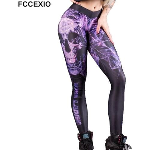 FCCEXIO Purple Skull Printed Women Leggings Fitness Gothic Hight Waist Skinny Pants Sexy Workout Leggins Trousers