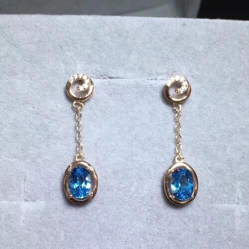 100% natural blue topaz gem Fashion Circle round drop earrings Natural gemstone earrings 925 silver female party gift jewelry