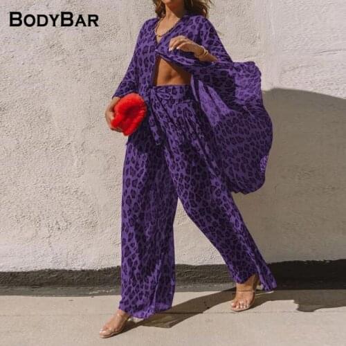 Fashion Leopard Print Long-sleeved Shirt Top And High-waist Wide Leg Pants Elegant Women Suit Two Pieces Streetwear Outfits 2Pcs