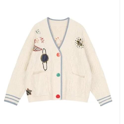 2021 Autumn Winter Women Lady Loose Sweaters Cardigan Warm Knitted Sweater Jacket Pocket Embroidery Fashion Knit Cardigans Coat