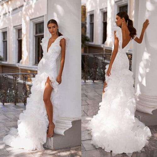 2021 Wedding Dresses Sexy Deep V Neck Lace Appliques Bridal Gowns Custom Made High Side Split Backless Sweep Train Wedding Dress