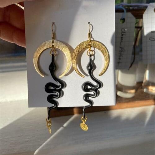 1 Pair Snake Earrings, Crescent Moon Celestial Serpent Dangle Earrings, Handmade Jewelry, Gift