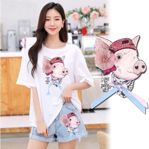 1 Pcs Cute Pigs Sequins Patch for Clothes Sew on Applique Flower Bow Motif Embroidery Patches Sticker DIY Accessories