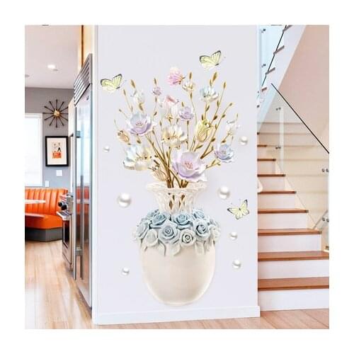 3D Flower Vase Wall Sticker Painting Living Room Room Wall Decoration Porch Wall Decor Bedroom Self adhesive Home Decor Stickers