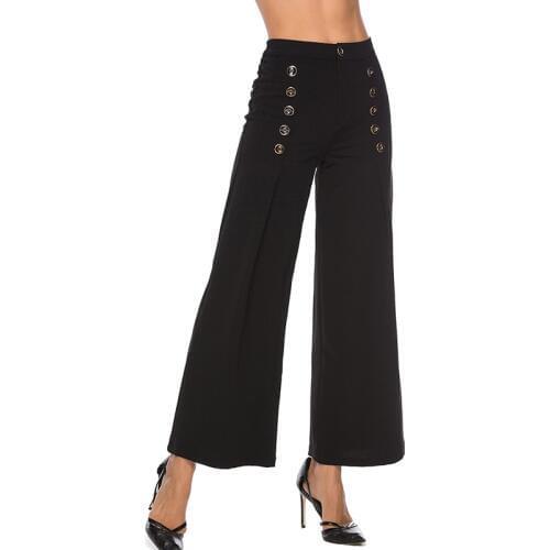 High Waist Wide Leg Pants Office Lady Buttons Long Trousers 2021 New Women Plain Workwear Pants