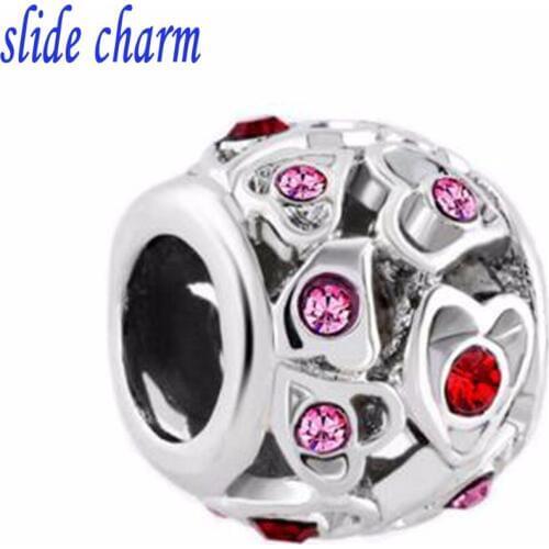 DIY Beads Birthstone Charms Filigree Open Heart Love Rose Pink Elements Crystal Bead fit Pandora bracelet