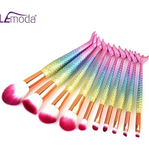 Lemoda Professional Makeup Brushes Tool 10Pcs/Set Mermaid Handle Powder Eyeshadow Eyebrow Foundation Blush Blending Beauty Kits