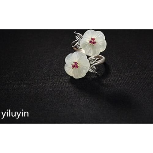 KJJEAXCMY boutique jewelryS925 pure silver natural Hetian jade white mosaic double head plum blossom lady high-end ring finger r