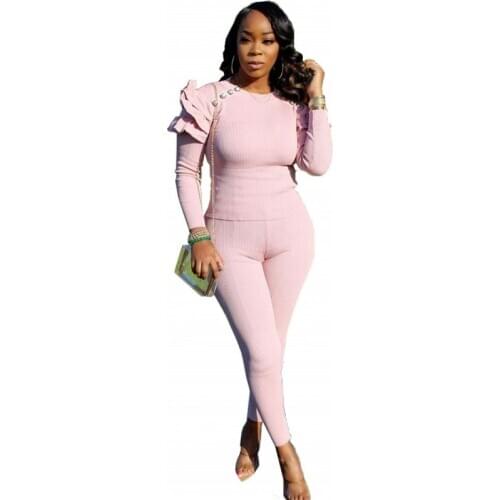 2 Piece Women Sets Lounge Wear Casual Ruffles Long Sleeve O-Neck Tops Pencil Pants Sets Spring Autumn Slim Solid Fashion Outfits