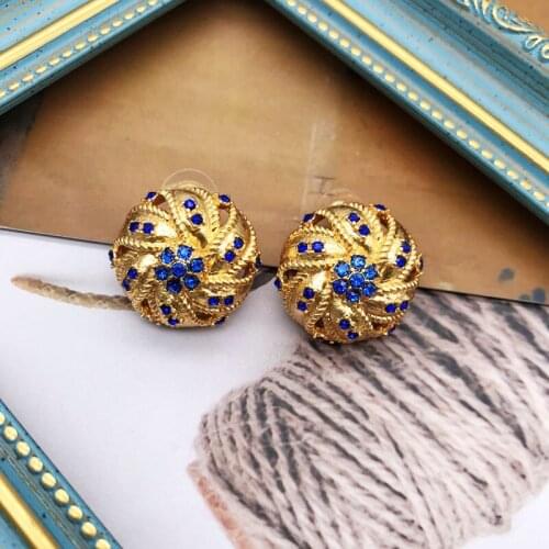 Round Stud Earrings Blue Gem Stone High Quality Vintage Antique Jewelry Party Gift For Women