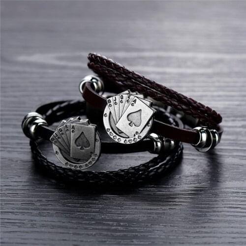 Modyle Mens Vintage Punk Poker Card Charm Bracelet Multilayer Leather Rope Cuff Bangle Wristband Friendship Brackelts Jewelry