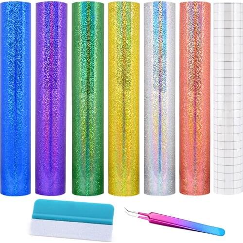 FOSHIO Sparkle Holographic Vinyl Film Kit Permanent Self-Adhesive PVC Sheets Car Cup Sticker Decals Decoration Craft Wrap Tools