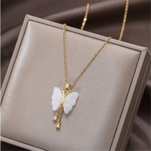 316L Stainless Steel Gold Luxury White Jade Butterfly Pendant Green Opal Titanium Steel Necklace Not Fade