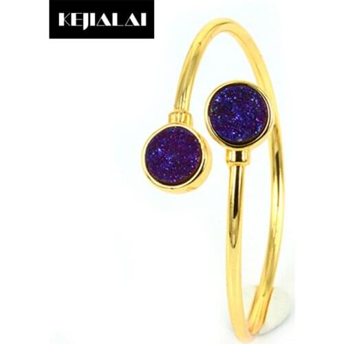 Simple Style Trendy Stone Bangle for Women Jewelry Colorful Quartz Gem Druzy Stone Round Marbles Gold Color Open Cuff Best Gift