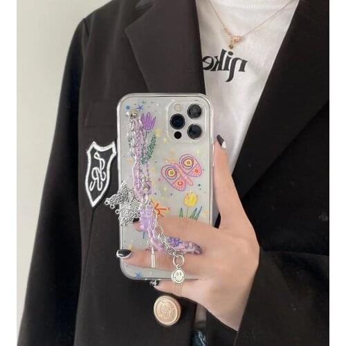 Shockproof Wrist Chain Clear Phone Case for iPhone 12 Pro Max 7 8 Plus XR X Cute Flower Crystal chain Hanging Case for iPhone 11