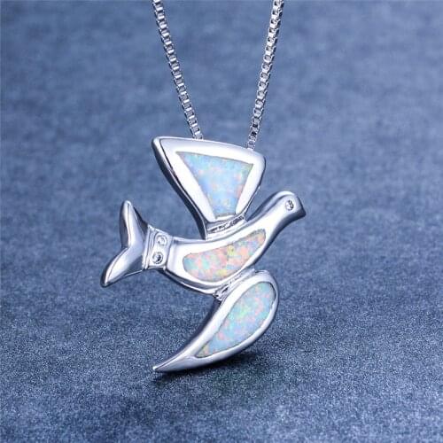 Luxury White Green Opal Animal Necklace Female Small Bird Pendant Necklace Dainty Silver Color Chain Wedding Necklaces For Women