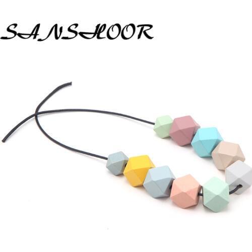 SANSHOOR Adjustable Wooden Pendant Necklaces With 80cm Leather Rope Chain 20mm 15mm Colorful Geometric Beads For Women 1pcs