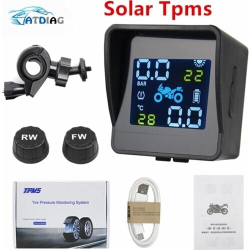 USB Solar Charging Motorcycle TPMS Motor Tire Pressure Tyre Temperature Monitoring Alarm System with 2 External Sensors