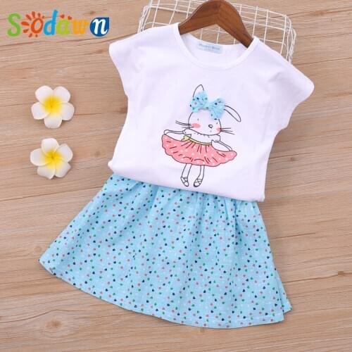 Sodawn Grils Clothing Sets Summer Style Girls Clothes Cartoon Girls Clothing Set Short Sleeve T-Shirt+Dress Kids Clothing
