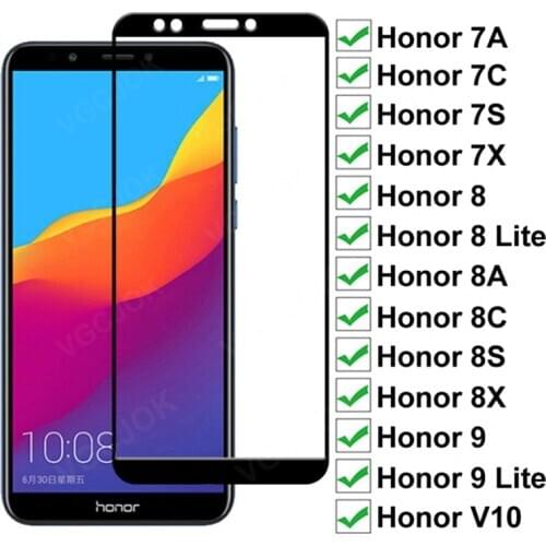 100D Full Tempered Glass For Huawei honor 7A 7C 7S 7X 8A 8C 8S 8X Screen Protector On Honor 8 9 Lite View 10 V10 Glass Film Case