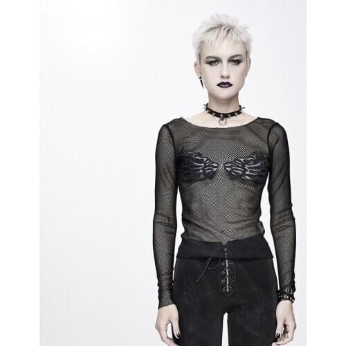 Sexy Women Tops Black T Shirt Hollow Out Printing Tees Punk Women Clothes O Neck Long Sleeves New Arrival