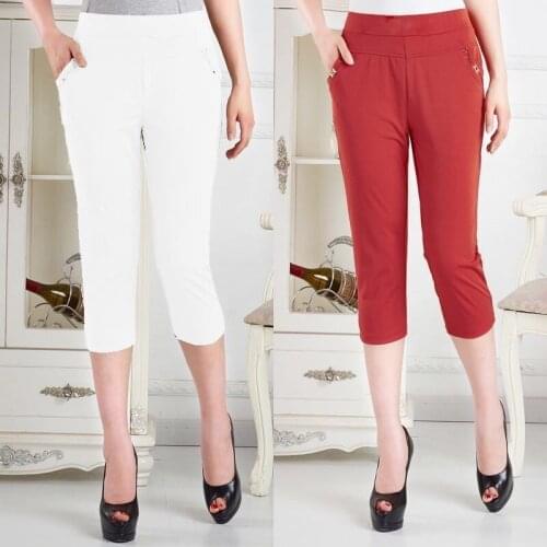 2021 Summer Capris Pants Women Casual High Waist High Elastic Waist Calf-Length Pencil Pant Female Solid Trousers Plus Size