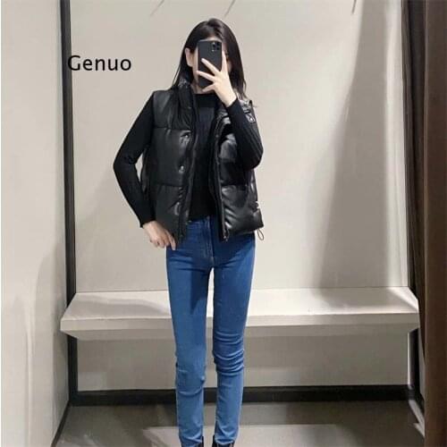 Imitation Leather Pu Sleeveless Jacket Short Waist Waist Stand-Up Collar Bread Jacket Leather Cotton Jacket Womens Vest