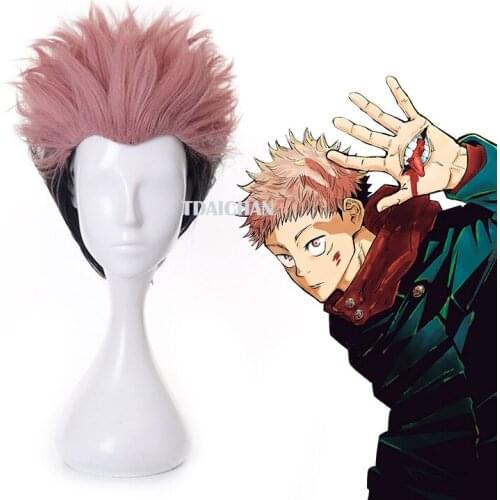 2021Anime Jujutsu Kaisen Cosplay Yuji Itadori Wig Jujutsu Kaisen Yuji Itadori Pink Black Short Hair WigsYuji Itadori free wigcap