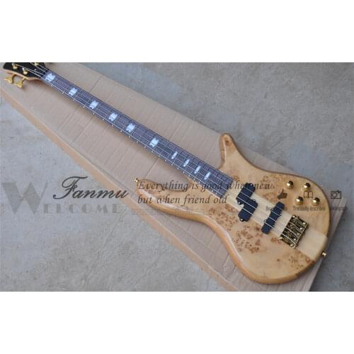Free shipping custom 4 string guitar bass ,ASH body,burl maple veneer,HH pickups,golden buttons,neck through body,active battery
