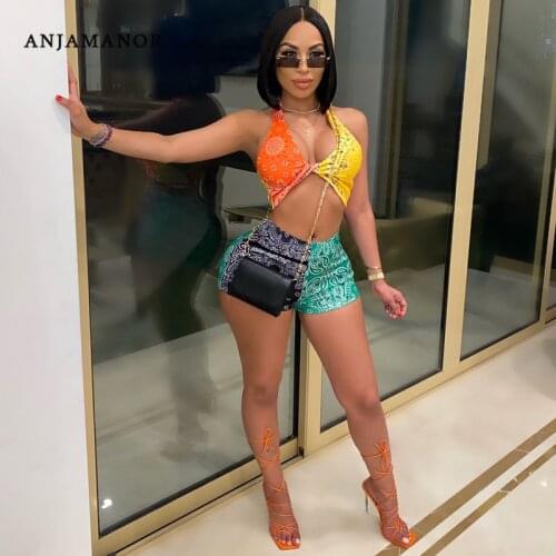 ANJAMANOR Colorblock Bandana Crop Top Shorts 2 Piece Matching Sets Womens Outfits Sexy Summer Two Piece Set Track Suit D46-BI17