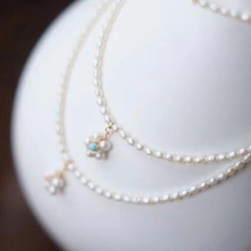 Free shipping elegant lady jewelry natural genuine pearl chain necklace with real pearl turquoise pendant can customize length
