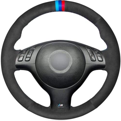 Black Suede Leather & M-Color Strip Hand Sew Wrap Steering Wheel Cover for BMW E46 E39 330i 540i 525i 530i 330Ci M3 2001-2003