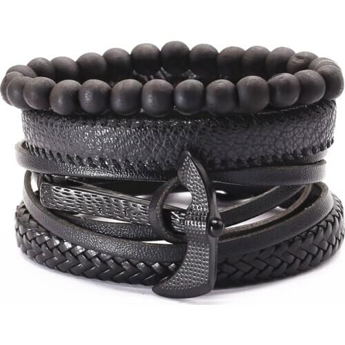 Black Axe Handmade Tree New Punk 4 pcs/set Vintage Wood Beads Rudder Charm Leather Bracelets Men Bracelets Women Homme Jewelry