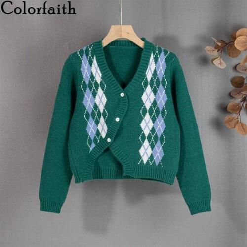 Colorfaith New 2021 Womens Autumn Winter Sweater Elegant Checkered Cardigan Fashionable Split Vintage Lady Short Tops SWC3045JX