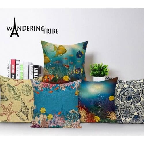Marine Style Decoration Throw Pillow Covers Ocean Biology Cushions Seashells Coral Medusa Fabric Decor Home Blue Cushion Cover