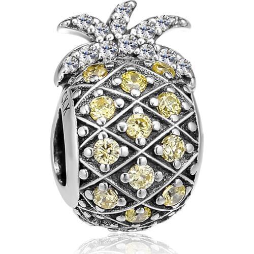 Fandola CKK 100% 925 Sterling Silver Sparkling Pineapple Charm Fits for Pandora Charms Bracelets Light Yellow CZ