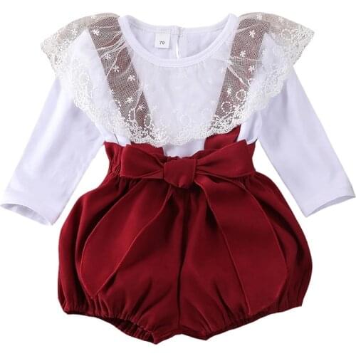 2Pcs Autumn Toddler Baby Girl Lace Ruffle Top Bib Pants Cloth Set Long Sleeve O-neck T-shirt Bow Shorts Instagramable Outfit